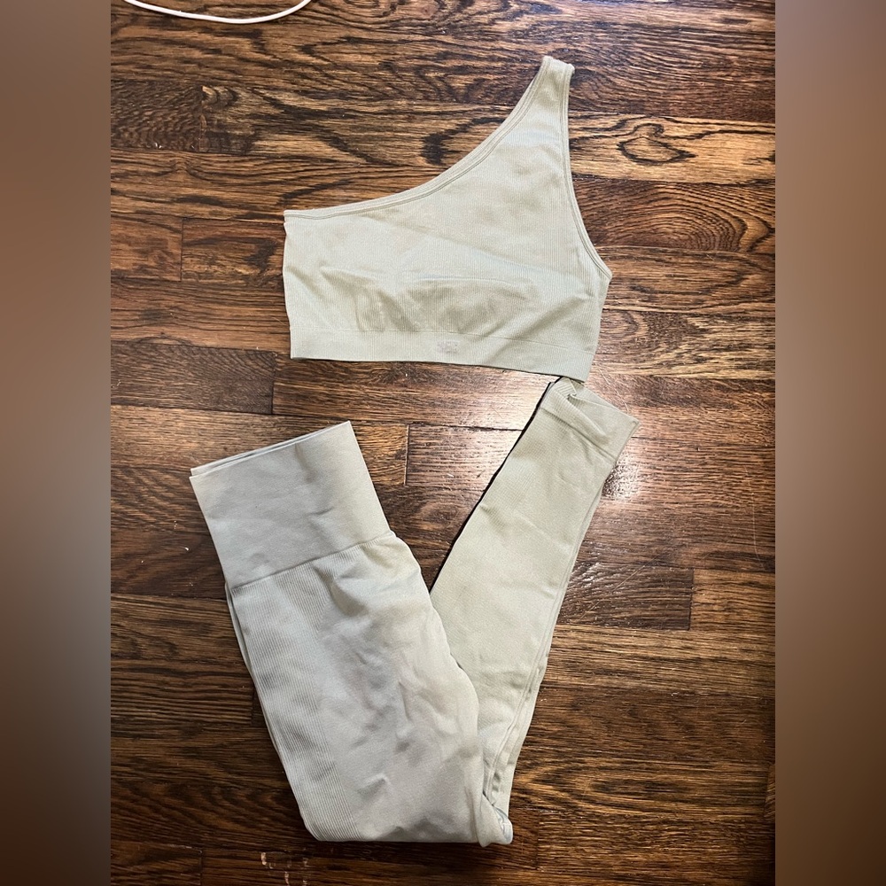 Sage green set active set with one shoulder sports bra